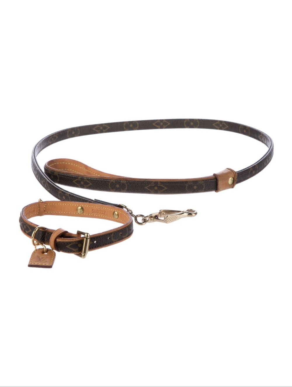 Louis Vuitton Brown Monogram Leather Dog Leash and Collar Set